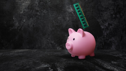 RAM module falling into a pink piggy bank; hardware saving and budgeting concept for building a PC