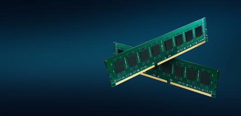 Two crossed RAM memory modules on a dark blue background; concept of processing speed and dual-channel memory