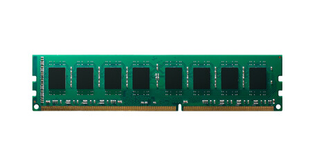 Green RAM memory module isolated on transparent background png, volatile storage technology and spare parts concept