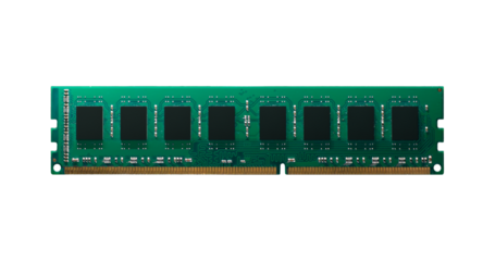 Green RAM memory module isolated on transparent background png, volatile storage technology and spare parts concept
