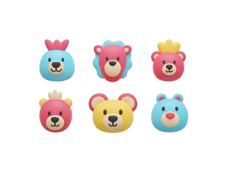 Obraz premium Six colorful 3D cartoon animal heads some with crowns on a white background