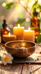 Candles, oils, stones, and a flower provide a tranquil spa setting with soft, warm lighting and natural elements
