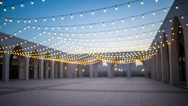 Illuminated string lights dd across an open courtyard with modern architecture under a clear blue sky