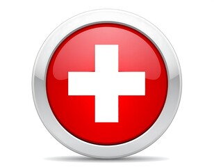 Obraz premium A red circle with a white cross inside a silver border on a white background