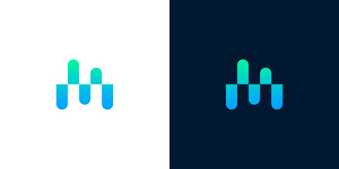 Obraz premium Concept of a modern digital sound wave or data visualization logo, featuring abstract, dynamic vertical bars in a vibrant blue-green gradient, perfect for technology and audio-related branding