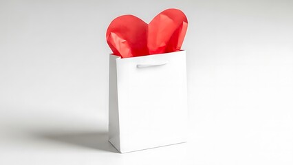 Minimalist white gift bag with red heart tissue paper showing from the top for Valentine's Day