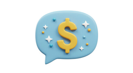 A 3D illustration of a blue speech bubble with a yellow dollar sign and sparkles on a black background