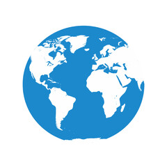 Blue and white globe icon depicting world map.