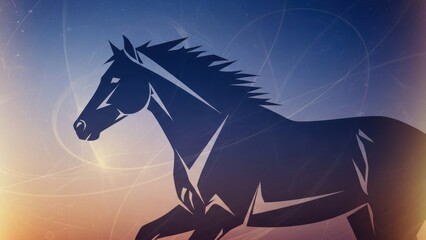 A black horse running against a gradient background with a starry sky.