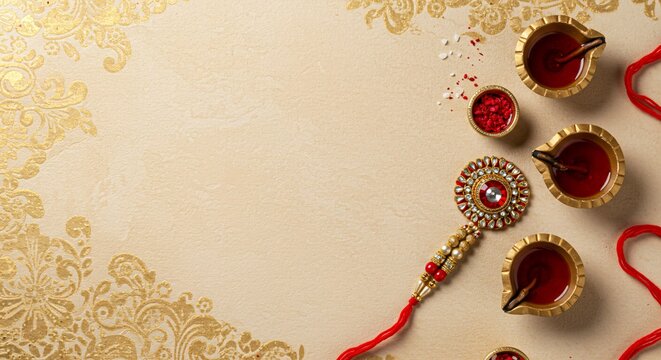 Raksha Bandhan Decorations Gold Kumkum Tilak Aarti Thali Red Thread Traditional Indian Festival Backdrop
