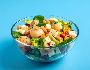 Bean salad with scallops, cheese cubes, and greens in a glass bowl against a blue background