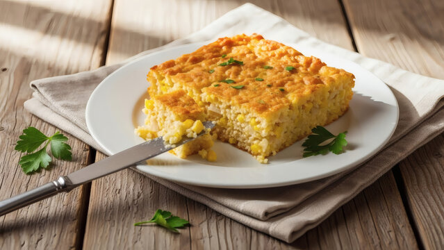 Sopa Paraguaya with Butter Knife on Rustic Linen Table