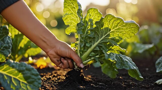 Close Up of Hand Planting Seedling of Chard in Garden Soil
