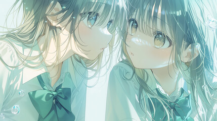 Two Cute Schoolgirls Looking at Each Other Closely with Soft Light, Anime Style
