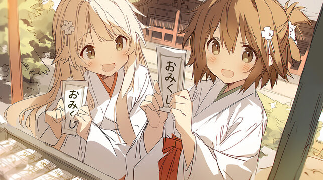 Two Cute Shrine Maidens Holding Omikuji at a Japanese Shrine on New Year
