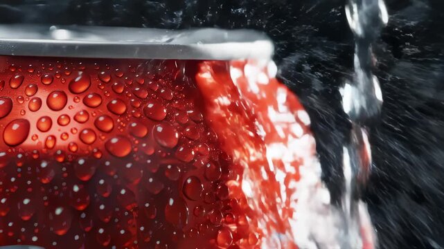 Water Pours on Red Soda Can With Condensation Close Up Macro Shot