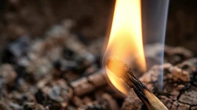 A mesmerizing close-up captures a wooden matchstick engulfed in a vibrant, golden flame, glowing brightly against a softly blurred, textured background of dark ash or burnt remnants. The delicate ligh