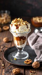 Ice cream parfait on a tray, drizzled with caramel, topped with walnuts, sits on a rustic wooden surface