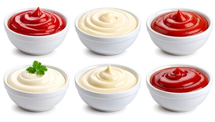 A set of six small white bowls containing various condiments