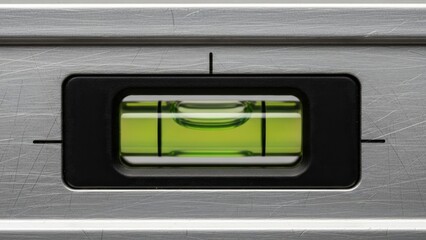 Naklejka premium Macro shot of a metal spirit level vial with the green bubble perfectly centered, indicating accuracy and precision.