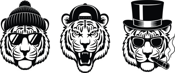 Set of three cool tiger head characters wearing beanies caps top hats and sunglasses vector illustration © Al