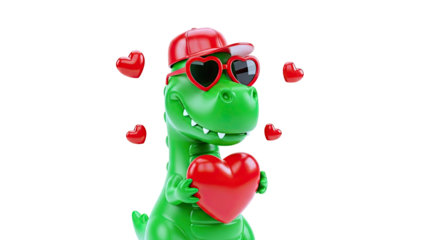Green Dinosaur Holding Heart with Heart Sunglasses and Cap