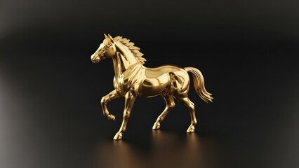 A golden horse statue on a black background.