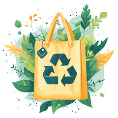 Illustration showing a reusable bag with recycle symbol surrounded by leaves and a tag on a white background , vector style simple color