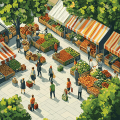 Isometric view of a vibrant outdoor market with striped stalls and people browsing fresh produce displays , vector style simple color