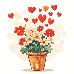 A bouquet of flowers in a basket with a thought bubble containing several red hearts floating above it , vector style simple color