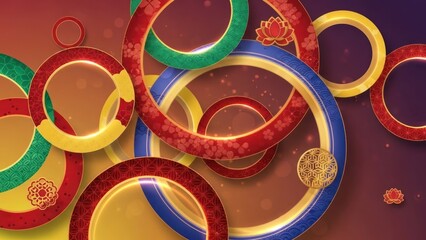 A colorful, abstract background featuring circular shapes in red, green, and yellow with floral patterns and a golden circle in the center.