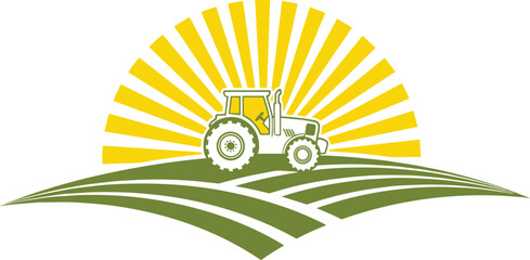 Green Tractor on Farm Field at Sunrise Vector Illustration for Agricultural Business Logo Organic Farming Branding Rural Countryside Landscape and Modern Sustainable Food Production © Jharna