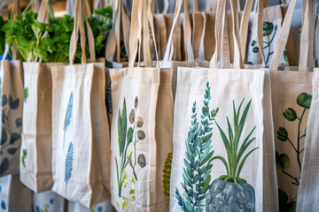 A row of bags with green leaves on them