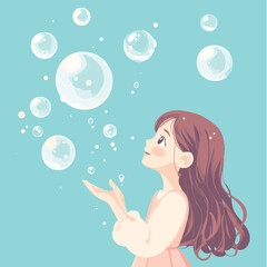 girl with soap bubbles , vector style simple color