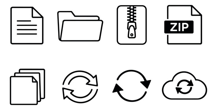 Simple line art document and data management icons set featuring files, folders, zipped archives, refresh symbols, and cloud sync for digital interface and web design