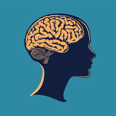 human head silhouette with brain , vector style simple color