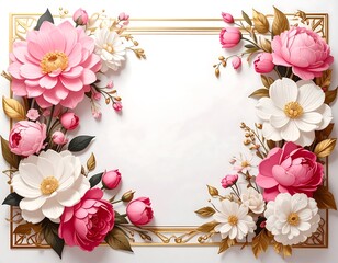 Floral frame Pink and white blossoms arranged around a gold rectangle on a bright white background