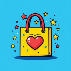 Illustration of a shopping bag with a heart being attracted by a magnet surrounded by stars and a badge , vector style simple color