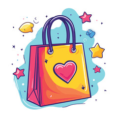 Illustration of a shopping bag with a heart being attracted by a magnet surrounded by stars and a badge , vector style simple color