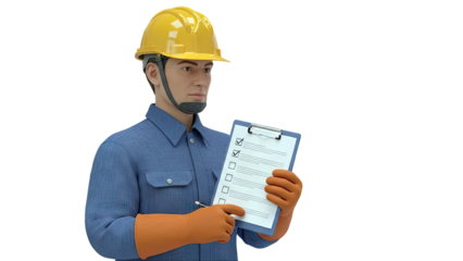Construction worker with hard hat holding checklist clipboard