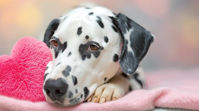 Valentine's day.Cute dalmatian dog pet in valentine mood lying on pink blanket with heart pillow and dreamy look creating tender holiday love scene with romance and love concept for valentines