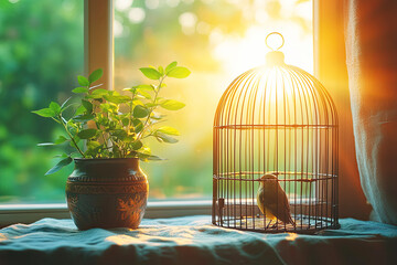A serene scene featuring a bird in a cage illuminated by sunlight, accompanied by a vibrant potted plant near a window.