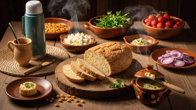Sopa Paraguaya Cornbread Slices on Rustic Table with Traditional Terere
