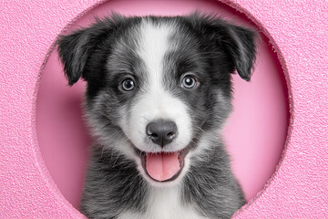 A cheerful puppy with striking blue eyes peeks through a circular opening against a pink textured background.