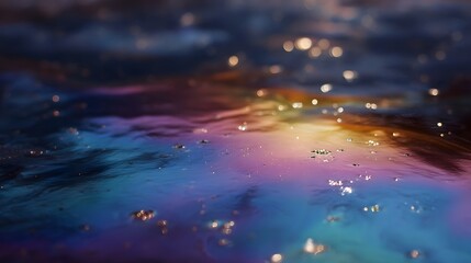 Vibrant iridescent oil sheen on liquid surface with rainbow colors and bokeh lights