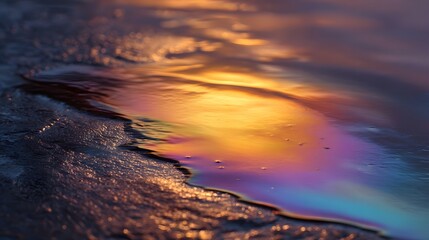 Fototapeta premium Close up of a vibrant iridescent oil slick on a wet surface reflecting the warm golden and colorful hues of twilight creating a stunning natural