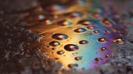 Close up of an iridescent oil slick with rainbow colors shimmering on a dark textured surface