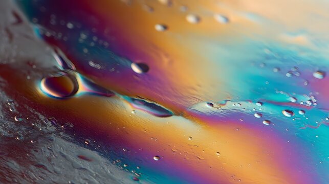Iridescent oil slick surface with colorful reflections and droplets under soft light
