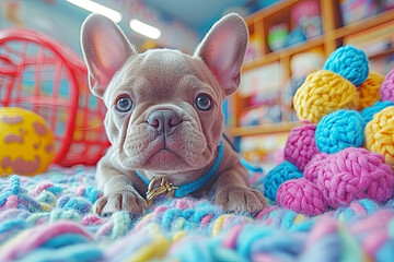 A cute French Bulldog puppy lying on a colorful, knitted blanket surrounded by toys in a playful, bright environment.