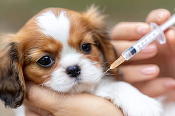 A cute puppy receiving a vaccine, held gently in a person's hands, highlighting pet care and health awareness.
